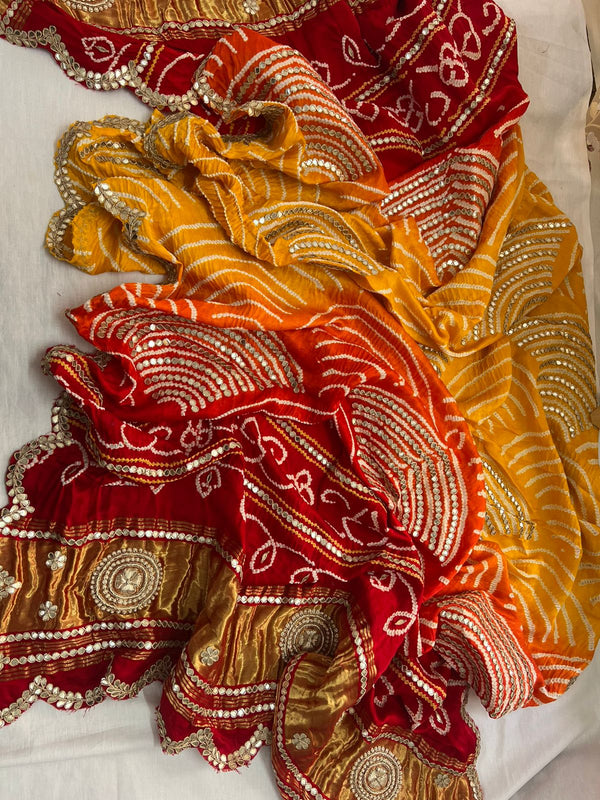 Bandhej Piliya - Pure Gajji Silk Wifi Pattern Handwoven Rai Bandhej With Gotapatti