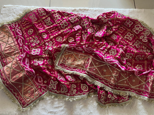 Beautiful Gharchola Rai Bandhani With Gotapatti, Zardozi Handwork in Pure Gajji Silk - Pink