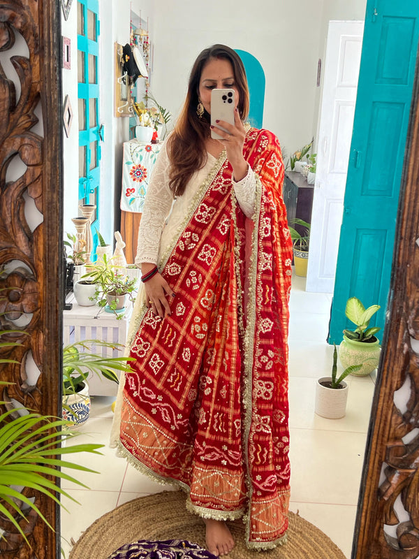 Beautiful Gharchola Rai Bandhani With Gotapatti, Zardozi Handwork in Pure Gajji Silk - Bandhej Piliya