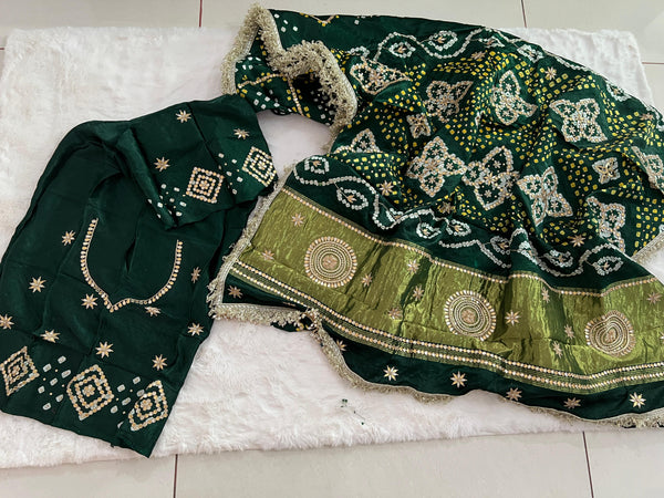 Pure Modal Silk Bandhej Saree - Bottle Green