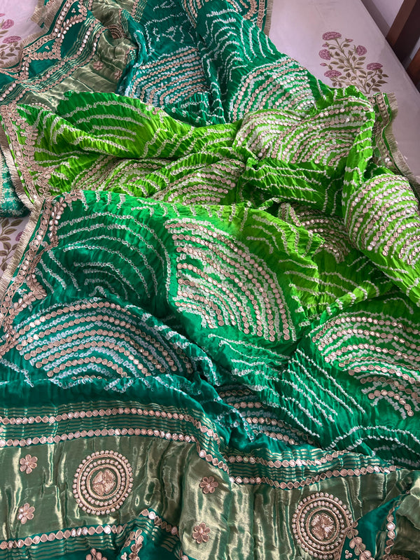 Rama & Parrot Green Pure Gajji Silk Rai Bandhej with Zari Border