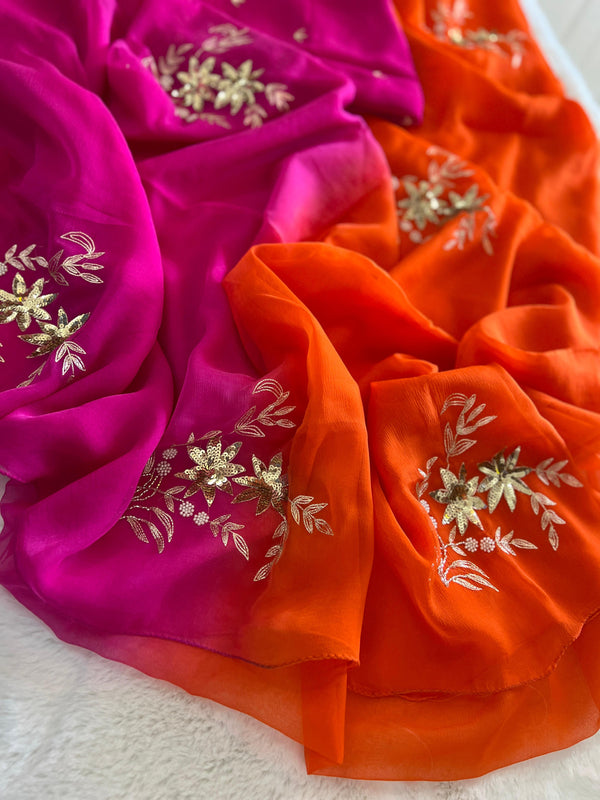 Rani & Orange Floral Buta Saree