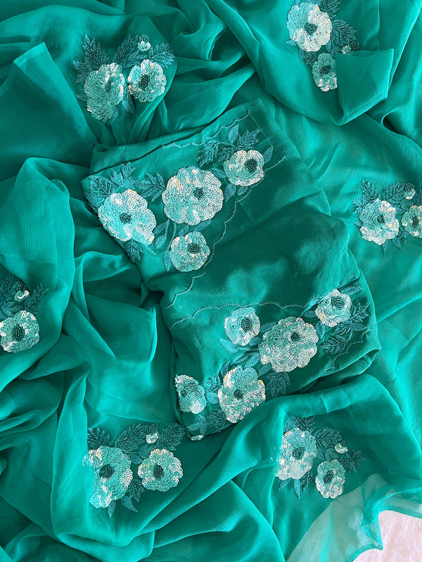 Rama Green Resham Sequin Floral Buta Saree