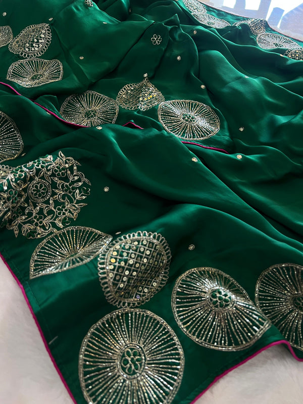 💚 Emerald Bloom – Satin Organza Saree 💚