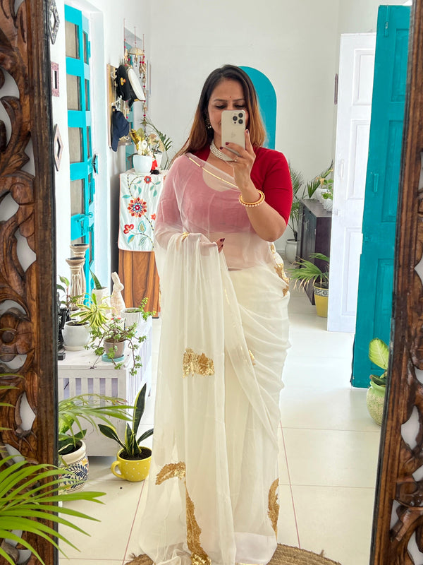 🍂 Off White Sequins Leaf Saree🍂