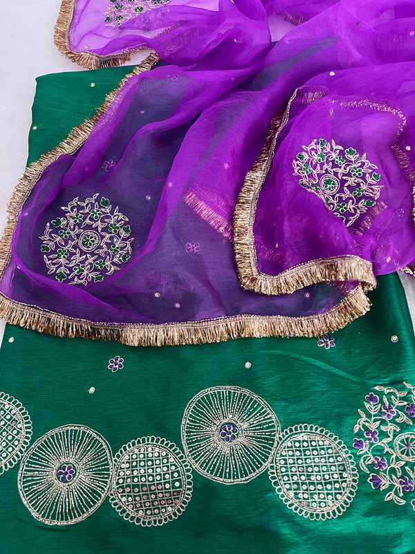 💚 Teej Tyohar – Festive Contrast Suit-Dupatta Set 💜