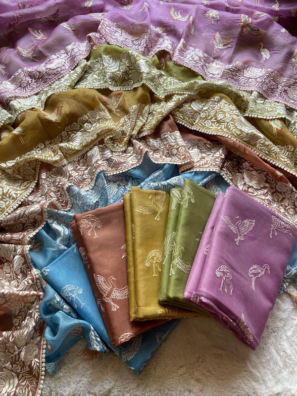 🦩 Banarasi Pure Silk Organza Flamingo Suit Set 🦩