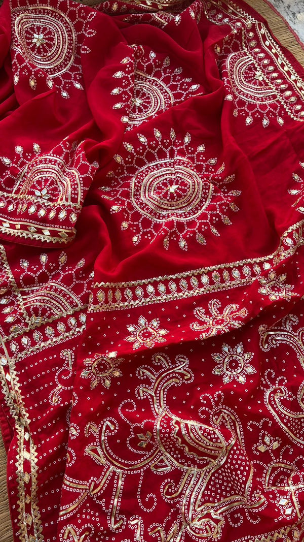 💞FESTIVE SALE Kachii Patti Bandhani Saree– Royal Red💞