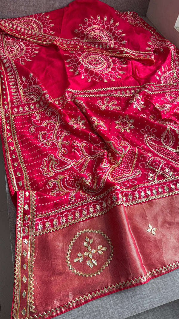 💞 FESTIVE SALE Kachii Patti Bandhani Saree – Radiant Pink💞
