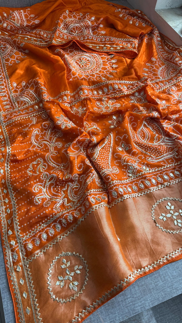 💞 FESTIVE SALE Kachii Patti Bandhani Saree– Rust Orange💞