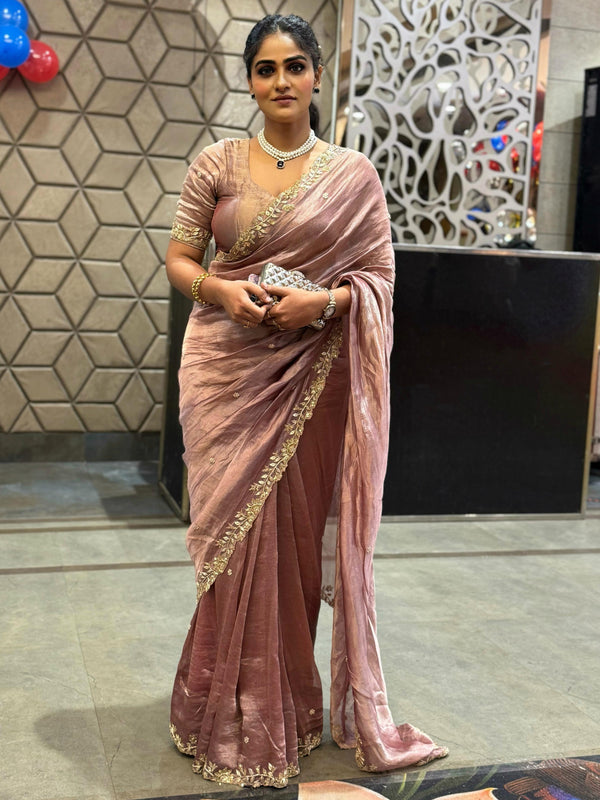 💫Bestseller Powder Pink Tissue Zardozi Saree✨