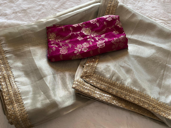 ✨ Moonlit Blush Silver Tissue Saree ✨
