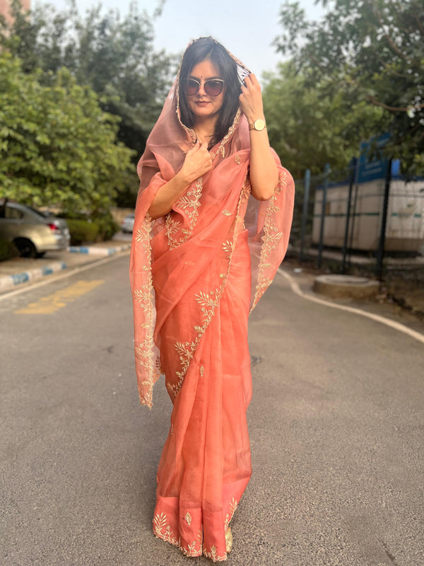 ✨ Meera Zardozi Saree - Rust Orange✨