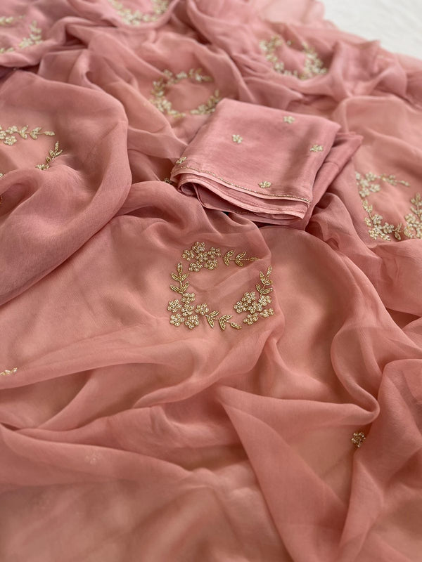 🌸Cutdana Butta Chiffon Saree – Dusty Pink✨