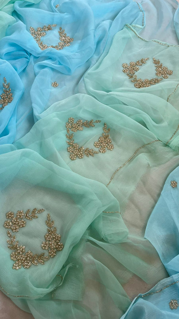🌊✨ Cutdana Butta Chiffon Saree – Ocean Mist Hues 💙💚