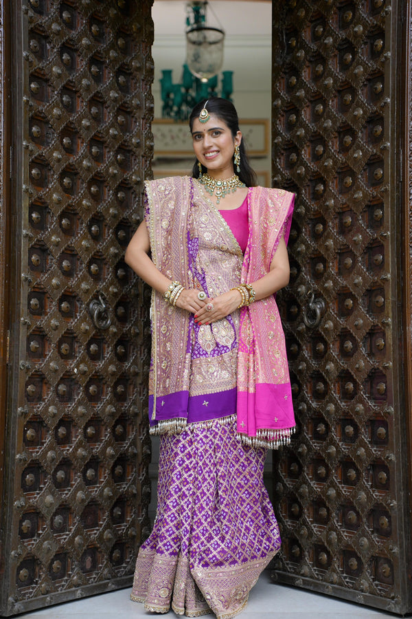 🌟 Chandrikaa Saree – Rai Bandhej ✖ Zardozi & Magenta Odhna