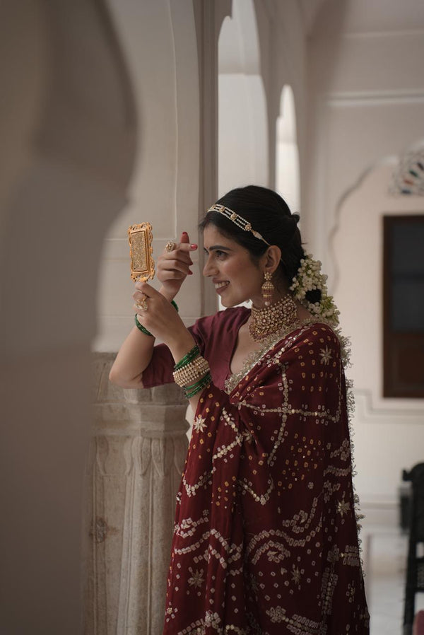 ✨ Mehroon Bandhani Elegance Saree✨