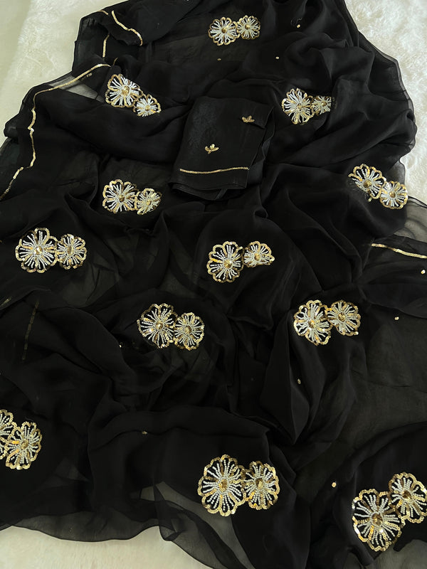 ✨ Black Pearl Butta Chiffon Saree ✨