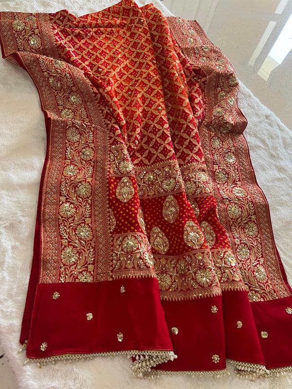 🌷~ SHAGAN ODHNA~🌷 - Bandhej Piliya (Red & Orange)