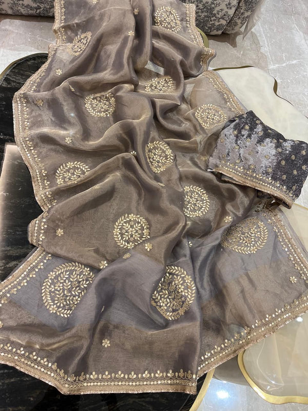 👑 Maharani Gotapatti Grey Tissue Saree ✨💫
